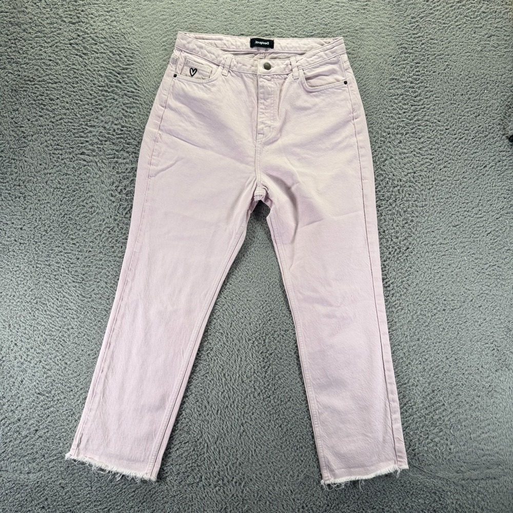 Desigual Jeans Womens 8 Pink Cotton Denim Straight Leg Cropped Raw-Hem Travel